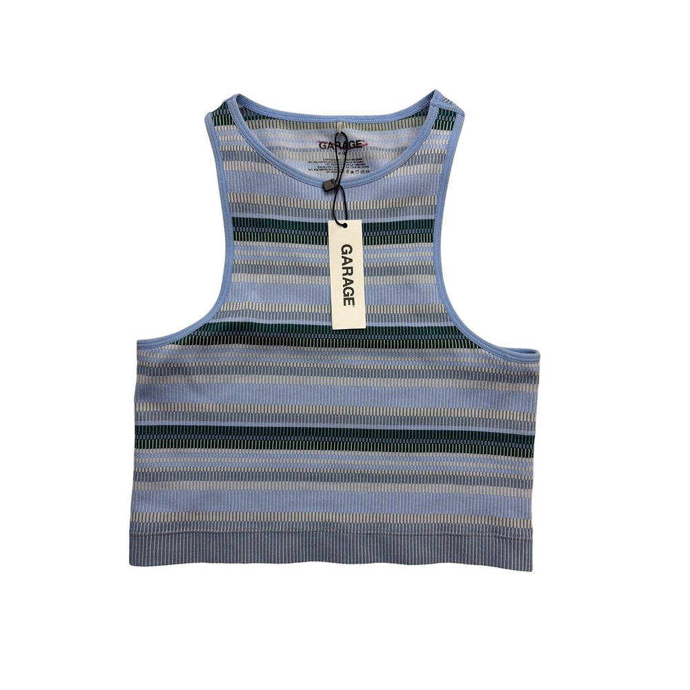 Garage Striped Tank Top Women Small Blue Ribbed Knit Seamless Cropped Racerback